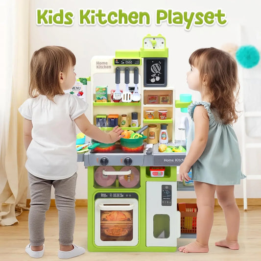 Kids Kitchen Playset Pretend Play Kitchen with Sounds & Lights Cooking Stove Steam Play Sink Food Toy Set Gift for Kids Toddlers.