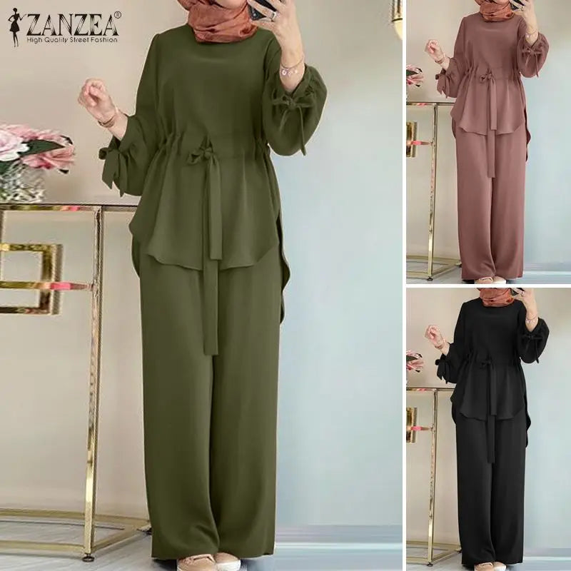 ZANZEA Muslim Women Matching Sets Long Sleeve Solid Color Tops And Loose Pant Suits Elegant Fashion Casual Tracksuit Kaftan 2025.