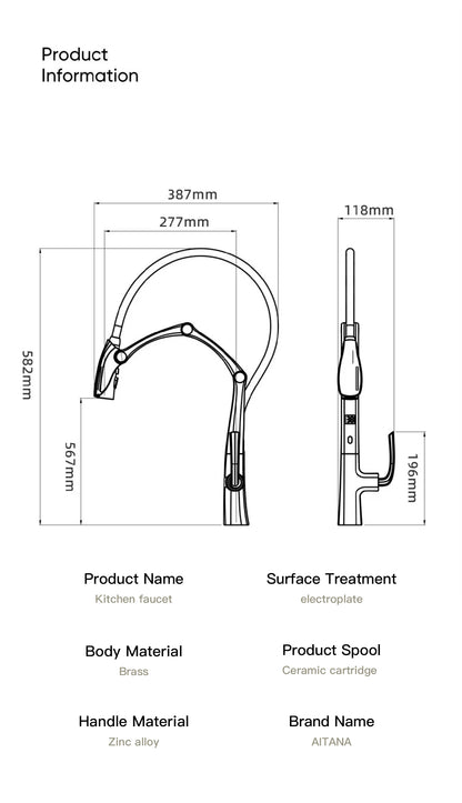AITANA Gun Grey Luxury Brass LED Display Kitchen Faucet，Touchless Sensor，Pull-Out 3-Function Spray Water-Saving SinK Mixer