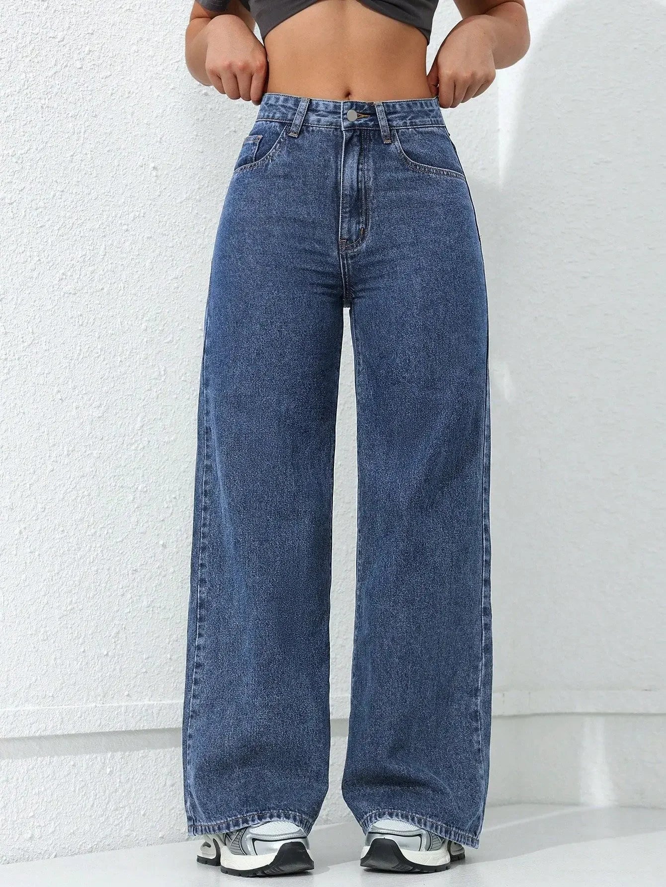American Style High Waist Wide Leg Jeans Women's Spring New Loose Slim Straight Floor-Length Denim Pants.