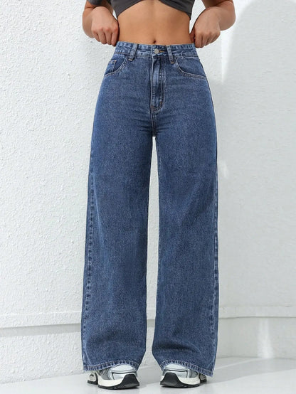American Style High Waist Wide Leg Jeans Women's Spring New Loose Slim Straight Floor-Length Denim Pants.