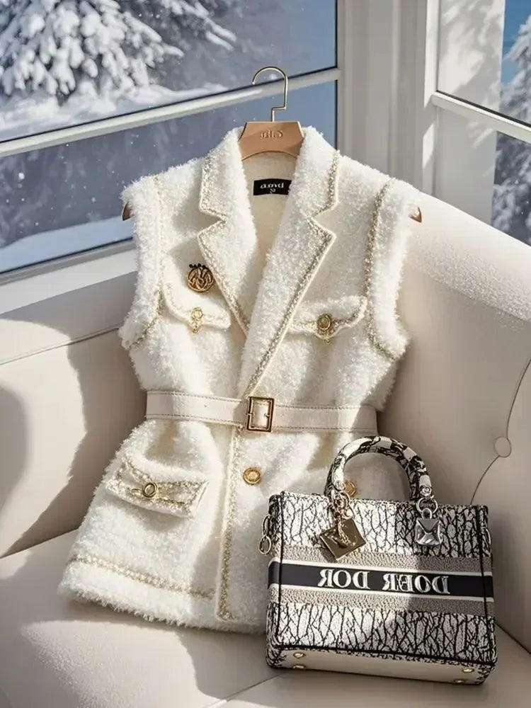 Frankreich Elegante Taille Gürtel Weiß Lamm Wolle Jacke Ärmellose Blazer Frauen Weste Formale Büro Dame Koreanische Mode Oberbekleidung.