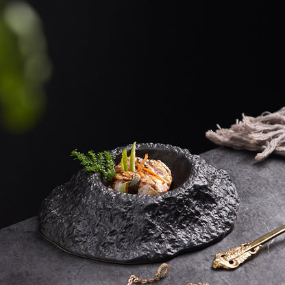 Volcano-shaped Black Deep Plate Creative Irregular Ceramic Tableware in Restaurant French Special-shaped Soup Plate Swing Plate.