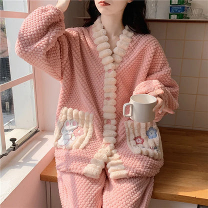 Winter Women Warm Fashion Pajama Sets Sweet   Elegant French Style Girlish Leisure Thicken Flannel Comfort Pajamas