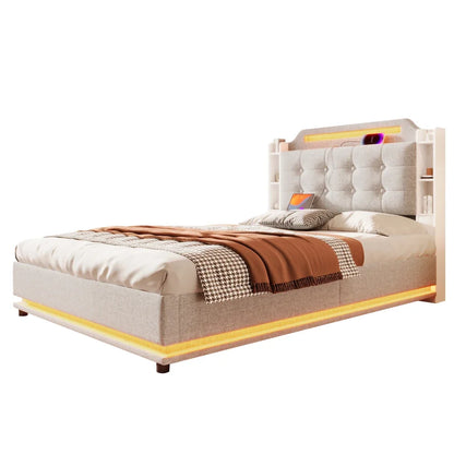 140*200cm Polsterbett mit LED-Lichtleiste und mehreren Ablagefächern, für Schlafzimmerwäsche, Beige (ohne Matratze)