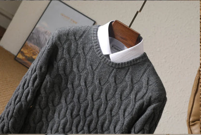 Autumn Winter Thickened Cashmere Sweater 100% Merino Wool Men's Top O-Neck Twisted Pullover Knitted Loose Long Sleeve Sweater.