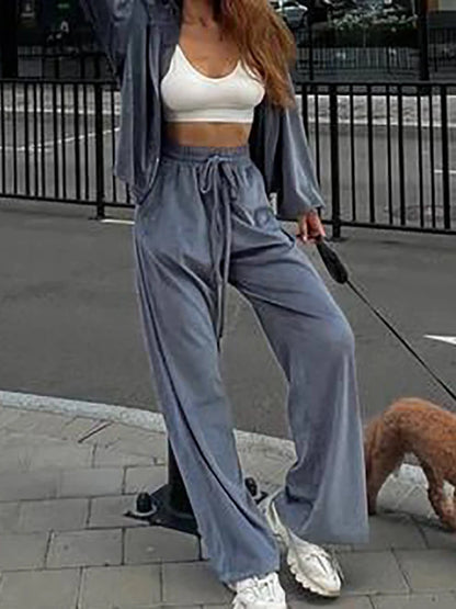 Women Autumn Hooded Coat Two Pieces Sets, Solid Patchwork Wide Leg Pants Chic Outfit, New Long Sleeve Casual Simple Ladies Suits