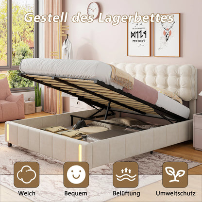 Lazyspace Polsterbett mit Kopfteil, hydraulisches Bett mit Stauraum und LED, für Jugendliche, Erwachsene, Samt, ohne Matratze, 160 x 200 cm