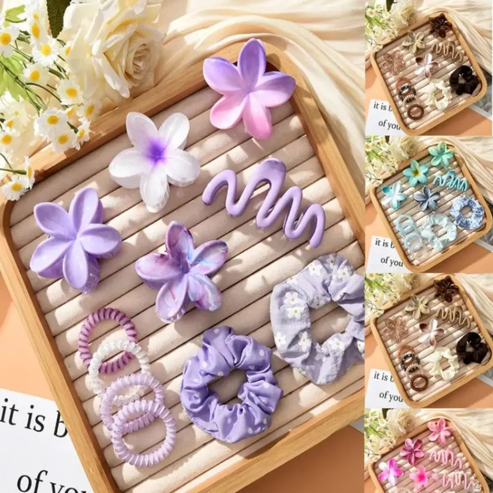 11pcs/Set Fashion Plumeria Hawaiian Hair Clamps Set Colorful Elastic Flowers Hair Clips Rubber Band Hair Rope Hair Accessories.
