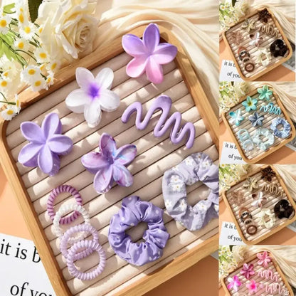 11pcs/Set Fashion Plumeria Hawaiian Hair Clamps Set Colorful Elastic Flowers Hair Clips Rubber Band Hair Rope Hair Accessories.
