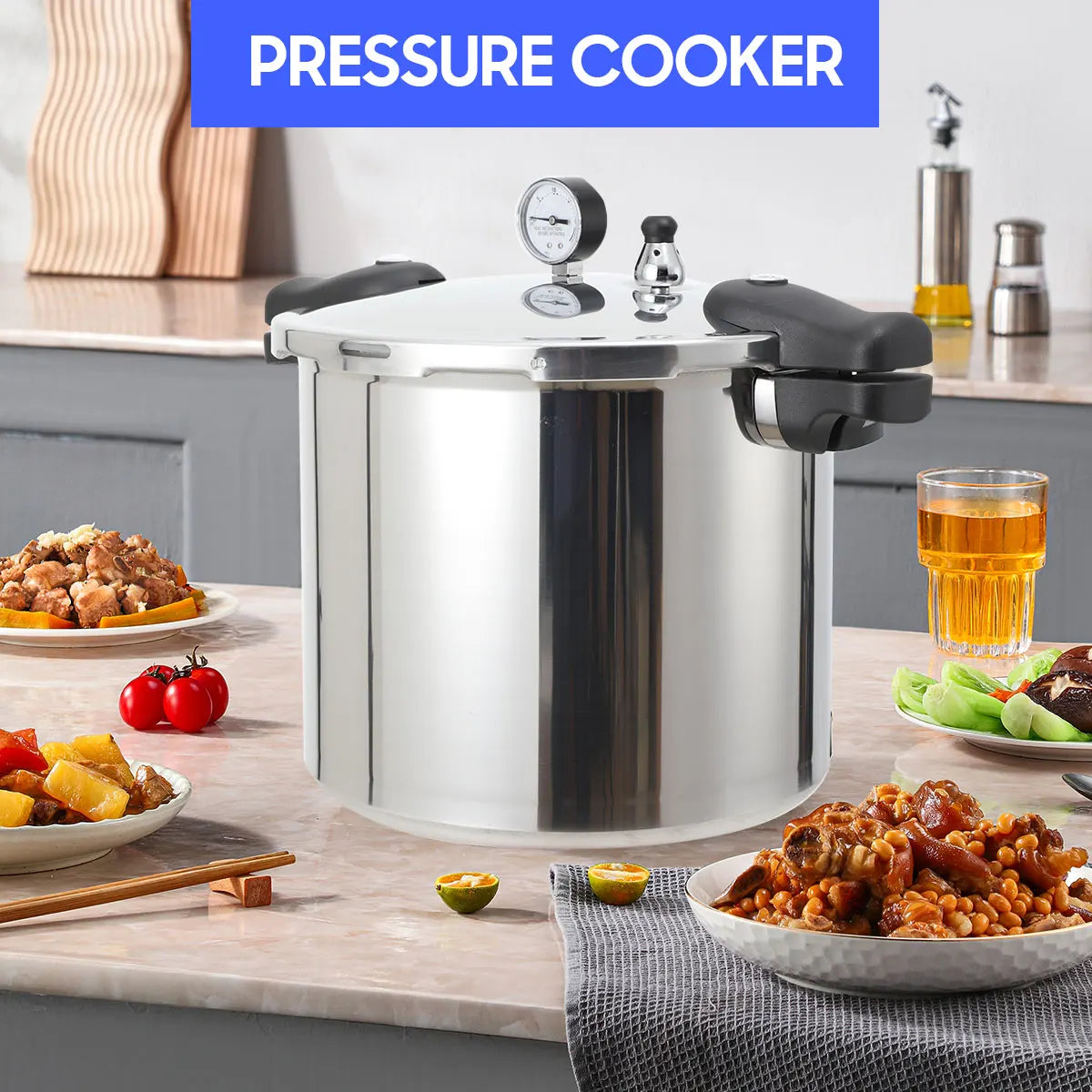 22L Aluminium Alloy Pressure Canner 90Kpa Thickened Explosion-proof Pressure Cooker Pot with Pressure Gauge and Safety Valve.