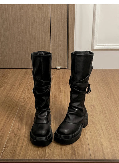 Vintage Thick Heel Women Knight Long Boots Fashion Slip On Knee High Booties Autumn Winter Shoes Zapatos De Mujer.