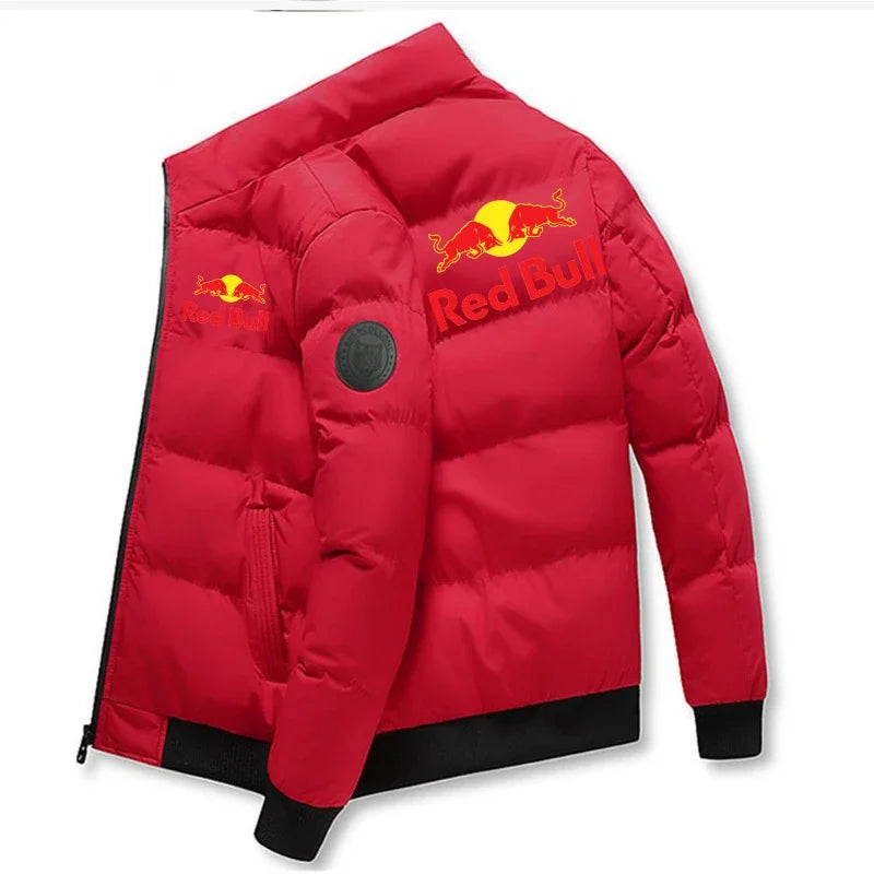 Red Bull 2025 New thick jacket, warm cotton-padded jacket, winter casual sports down jacket, stand-up collar windproof jacket.