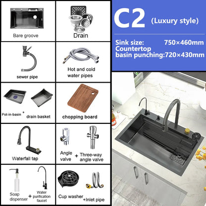 Kitchen Sink Stainless Steel Large Single Slot Multifunctional Tank Wash Basin With Waterfall Faucet Lowe Price