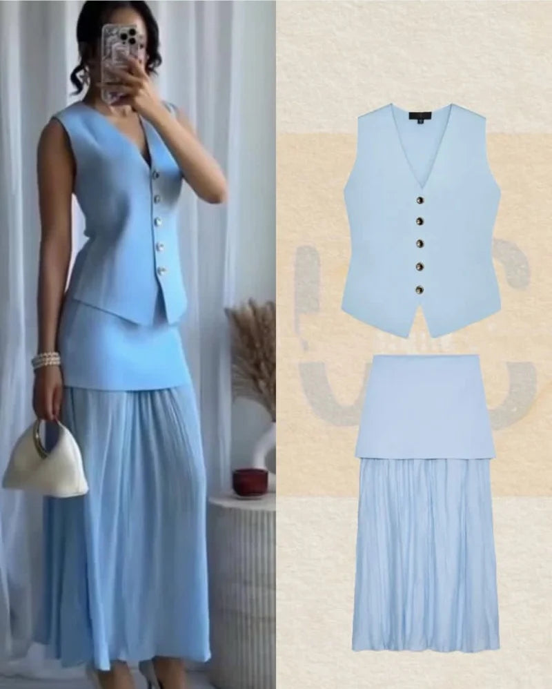 ETJ 2025 spring new  women's elegant fashion same color splicing small pleated hem high waist knit skirt.