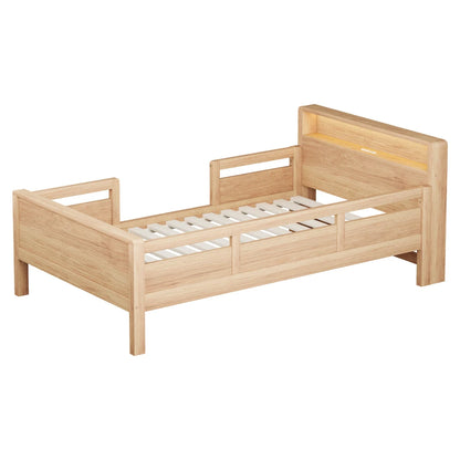 Multifunktions-Holzbett, USB- und Tape-C-Kombinationssteckdose, kleines LED-Licht, Kopfteil mit Einlagerfunktion, Einzelbett