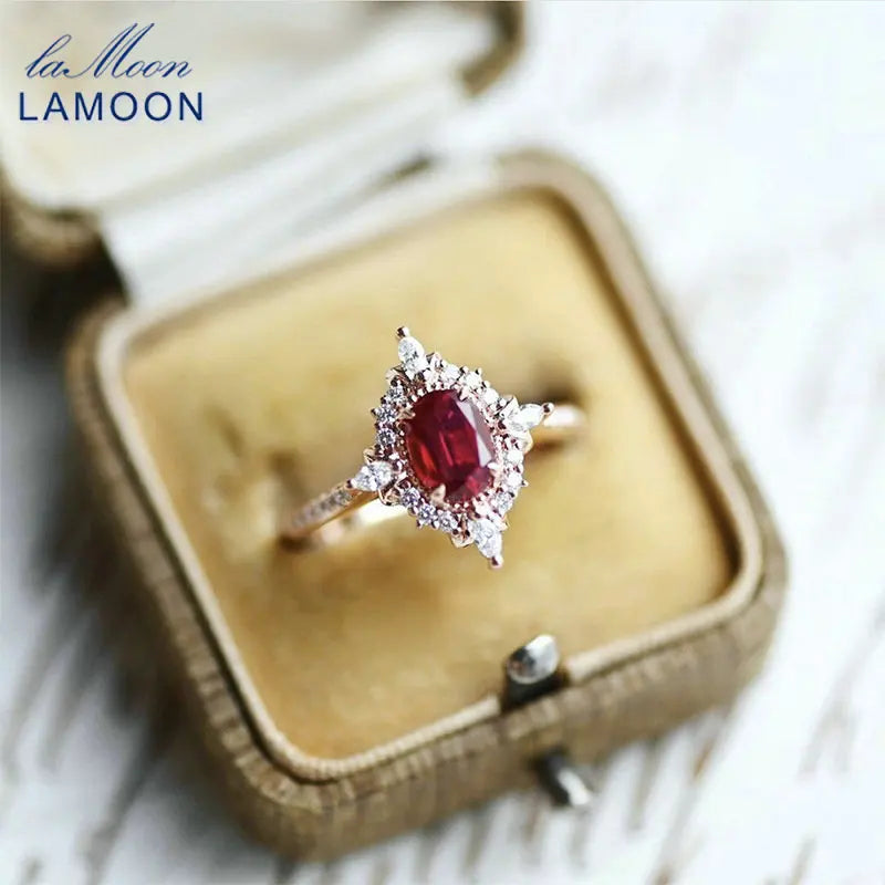 LAMOON Vintage Gemstone Ring Natural Garnet Rings For Women 925 Sterling Silver K Gold Plated Crystal Wedding Engagement RI182.