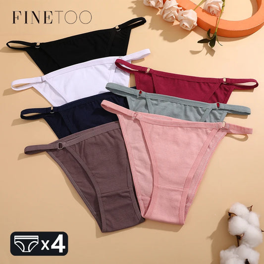 FINETOO 4Pcs Women's Cotton Panties Sexy Metal Ring Waist Underwear Solid Breathable Panties Ladies Soft Briefs Comfort Lingerie.