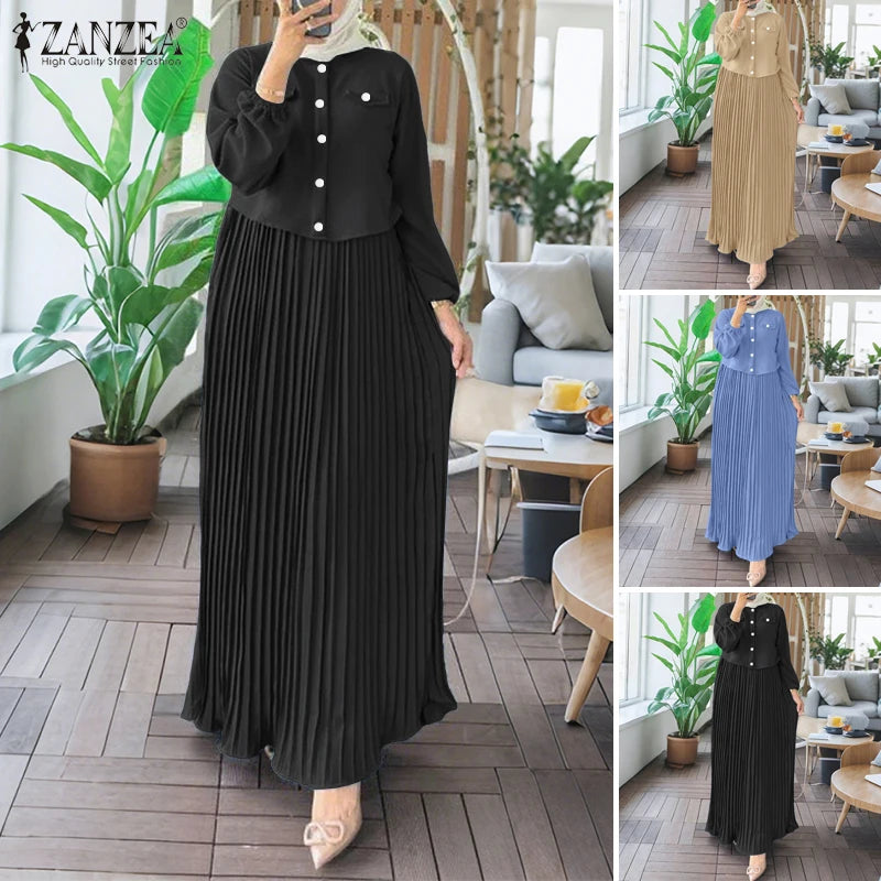 2025 ZANZEA Autumn Maxi Long Dress Women Elegant Long Sleeve Solid Pleated Sundress Patchwork Dresses Muslim Abaya Robe Femme.