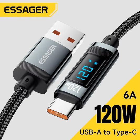Essager 120W USB  Type C Cable Fast Charging USB C Charger Cord For For iPhone 15 14 13 12 Huawei With Led Digital Display Cable.