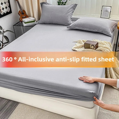1Pc Fitted Bed Sheet With Elastic Band Solid Color Anti-slip Adjustable Mattress Cover for Single Double (No Pillowcase）.