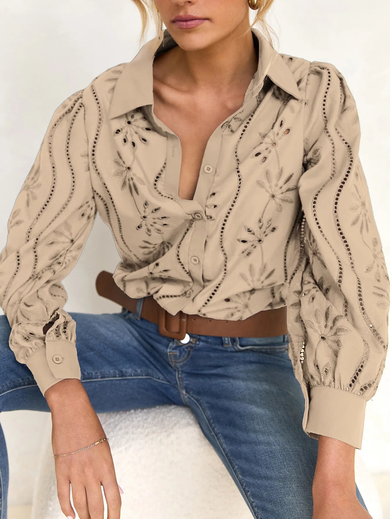 2025 Autumn New Solid Shirt Casual Loose Fashion Hollow Puff Sleeve Cardigan Tops For Women Office Black Hollow out Blouses.