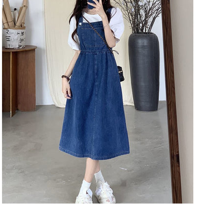 2025 Fashion Women Denim Suspender Skirt Spring Summer Causal Strap Female High Waist A-line Solid Lace-up Woman Skirt.