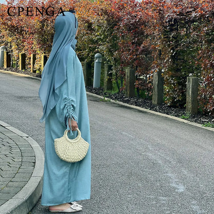 2024 Saudi Arabia Muslim Women Modest Dress Eid Dubai Plain Abaya Islamic Holiday Party Solid Turkey Lace-up Cuffs Long Clothes.