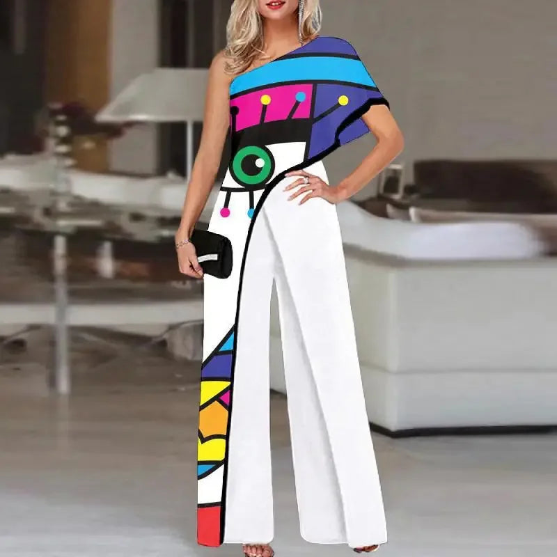 Fashionable Printed Pattern Wide Leg Pants Jumpsuit Independent Station Cross Border Spring Summer Women's Clothing.