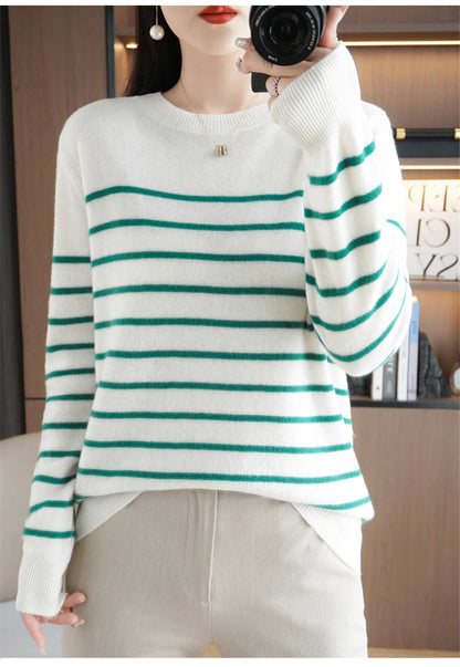Herbst Winter neue Frauen O-Ausschnitt Farbe Streifen Pullover Wolle Mischung Mode weichen warmen Pullover Kaschmir lose lässig Strick Base Top