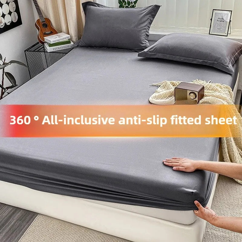 1Pc Fitted Bed Sheet With Elastic Band Solid Color Anti-slip Adjustable Mattress Cover for Single Double (No Pillowcase）.