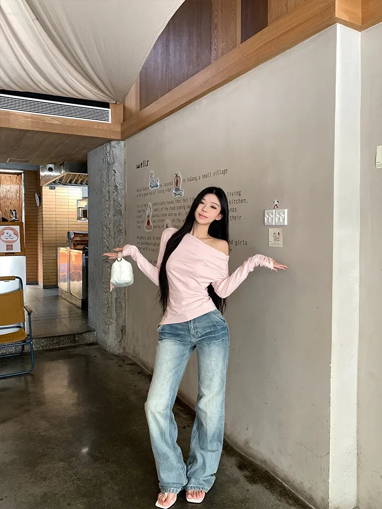 Slim Fit Long Sleeve T-Shirt Shoulder Bared One Shoulder Style Casual Streetwear for Young Women Fashionable And Stylish
