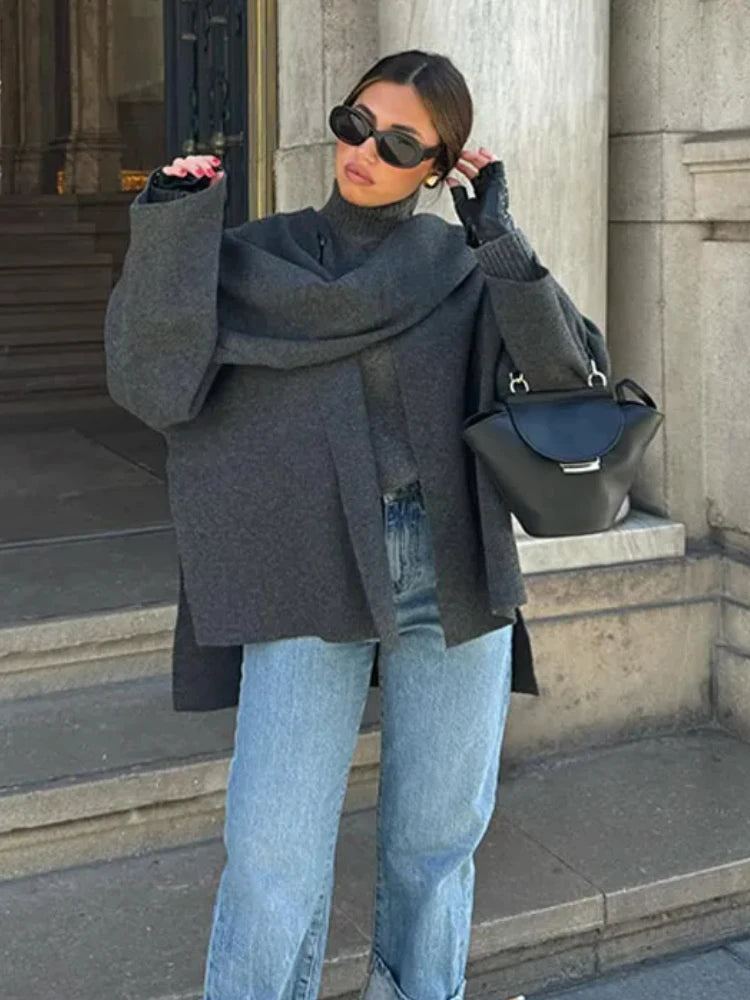 ZBZA Women's Asymmetric Scarf Knitted Jacket O-neck Single Button Side Slit Solid Loose Coat Winter New Female Chic Outerwear.