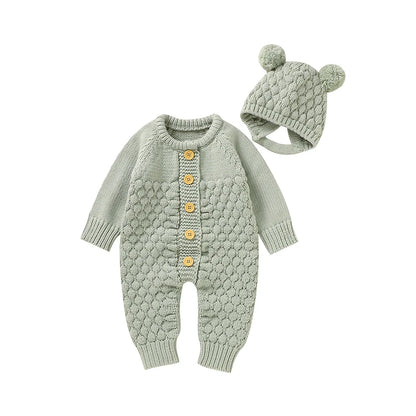 Autumn Baby Rompers Solid Long Sleeve Knitted Newborn Boys Girls Winter Outwear Jumpsuits Hats Clothes Sets 0-18m Infant Outfits