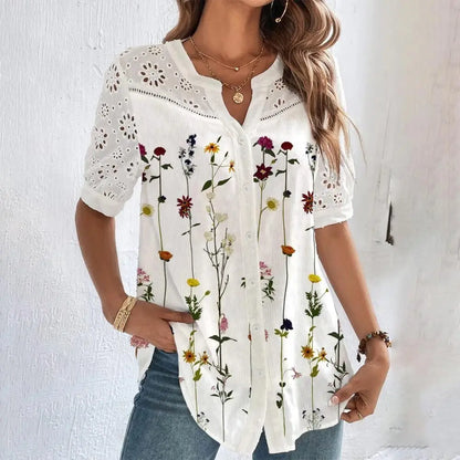 Temperament Casual Lace Woman Shirt Fashion Loose Shirt Woman Elegant Short Sleeve Blouse Holiday Weekend.