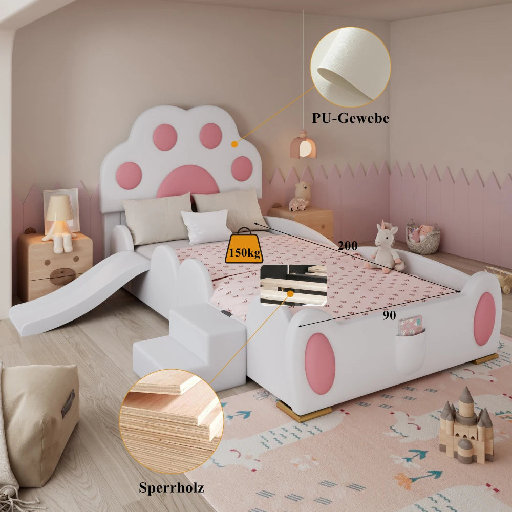 Cartoon süßes rosa Prinzessinnenbett, gepolstertes Bett, 90 x 200 cm, mit Kinderrutsche und zweistufiger Leiter, für Mädchenschlafzimmer