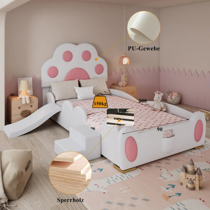 Cartoon süßes rosa Prinzessinnenbett, gepolstertes Bett, 90 x 200 cm, mit Kinderrutsche und zweistufiger Leiter, für Mädchenschlafzimmer