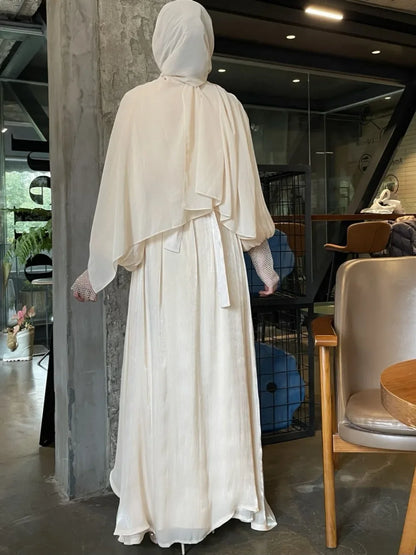 Party Dresses 3 Piece Set for Women Muslim Abaya with Scarf Long Cardigan Robe Vestidos Sashes Dubai Abayas Eid Ramadan Jalabiya.