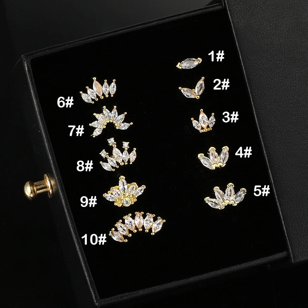 1pc Tragus Piercing Ear Stud Earring For Women Girls Cubic Zirconia Crown Small Helix Pierced Gold Color Ear Accessories Gifts.