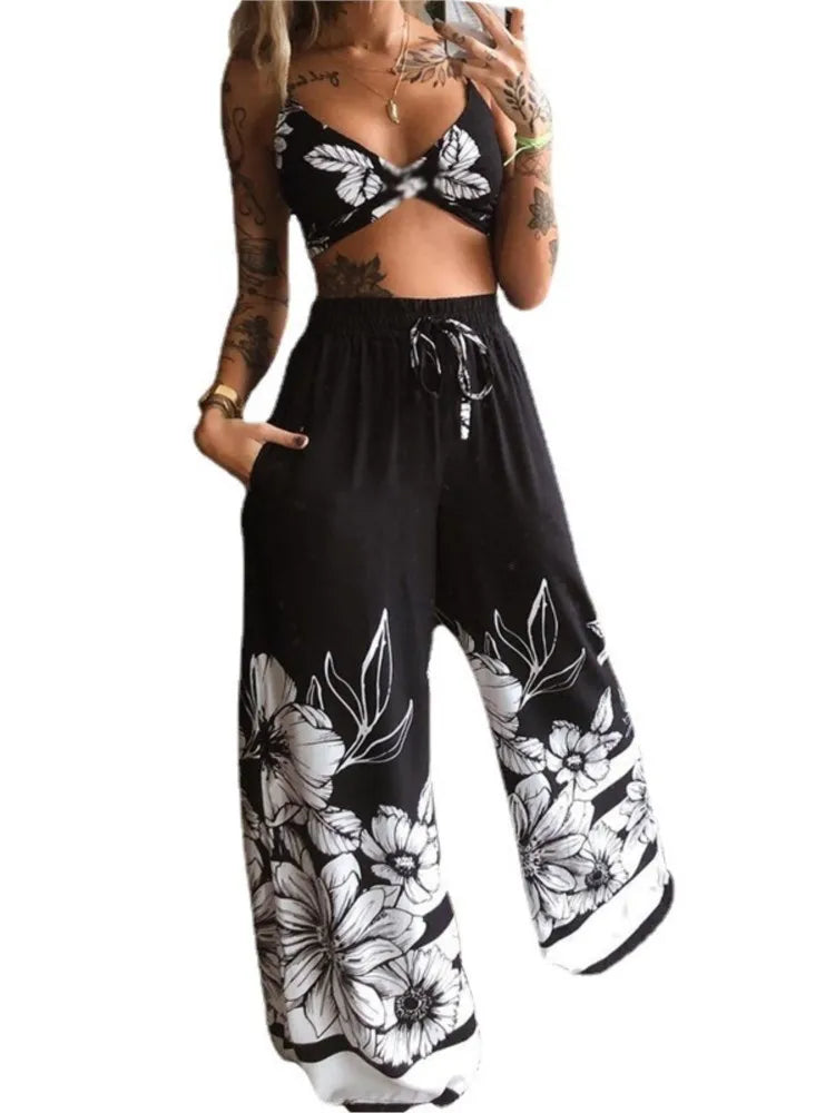 Sexy Two Piece Set Women Outfit 2025 Summer Butterfly Print V-Neck Cropped Top High Waist Drawstring Casual Wide Leg Pants Sets.