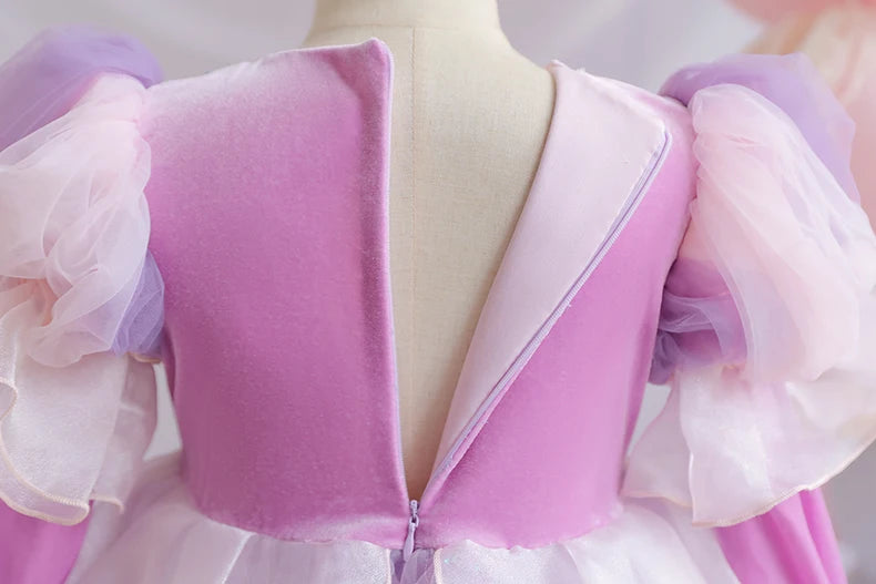 Wunderschönes Mädchenkleid, Puffärmel + lange Ärmel, Netzbedeckung, geeignet für Tänze, Partys, Auftritte, Host-Verkleidung.