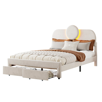 Creahappy Doppelbettgestell – 140 x 200 cm, gepolstertes Bett – Schubladenbett mit 2 Schubladen – ausgestattet mit LED-Leuchten – Beige