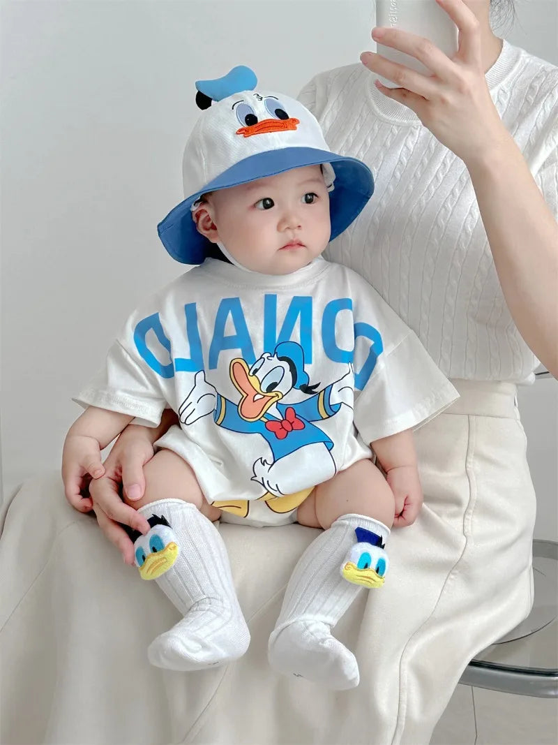 Disney Baby Mädchen Junge Overall Strampler Socke Hut Neugeborene Kleidung Set Baumwolle Cartoon Donald Duck Infant Kleinkind Body Outfit K618.