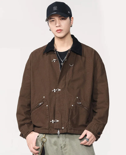 Men Washed Cotton Metal Buckle Streetwear Vintage Loose Casual Short Bomber Cargo Jacket Couple Spring Autumn Coat Outerwear.