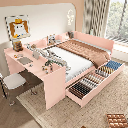 Flachbett, Holzbett, 140x200cm, mit Schreibtisch, Regalen und 2 Schubladen, Doppelbett, Kiefer + Spanplatte, Rosa, Ohne Matratze