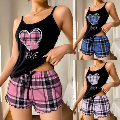 Frauen Sexy Hosenträger Shorts Dünne Pyjamas Brief Drucken Plaid Shorts Große Pyjamas Romantische Hause Tragen Sexy Nachtwäsche Kurze Pyjama.