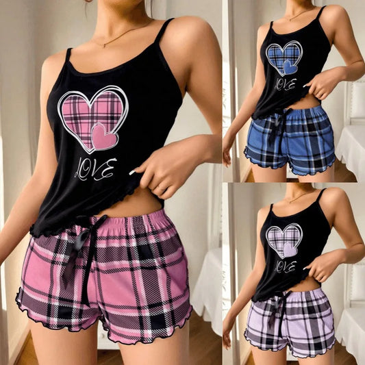 Frauen Sexy Hosenträger Shorts Dünne Pyjamas Brief Drucken Plaid Shorts Große Pyjamas Romantische Hause Tragen Sexy Nachtwäsche Kurze Pyjama.