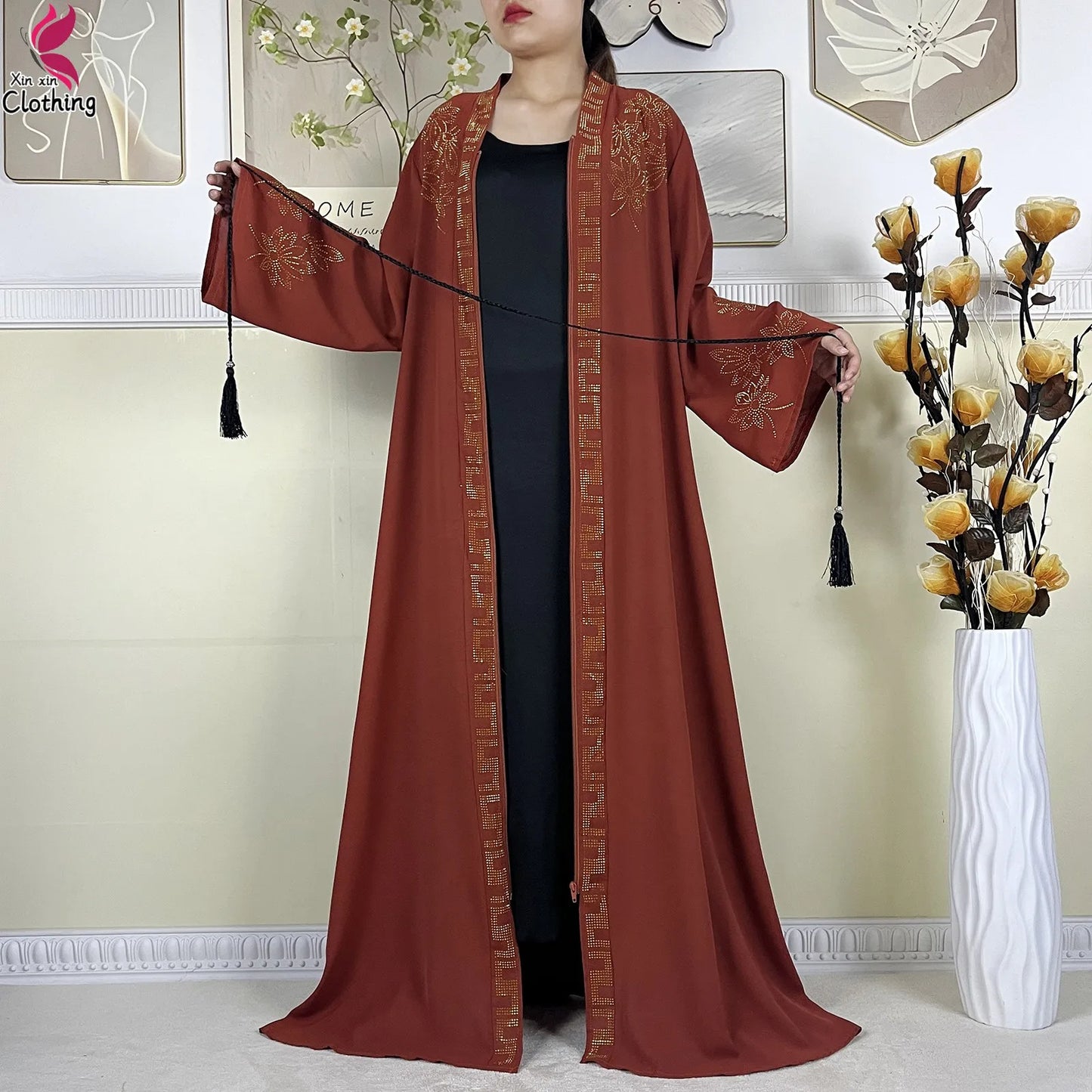 New Muslim Abayas For Women Long Sleeved Dress Dubai Lady Elegant Long Dress Islam Clothing African Abaya Loose Robe With Turban.