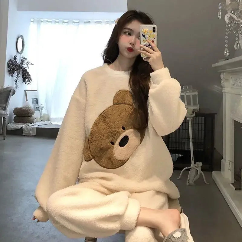 Thickened Warm Women Winter Two Pieces Set Flannel Homewear Pajamas O-Neck Loose Cute Cartoon Bear Ladies Sleepwear Loungewear.