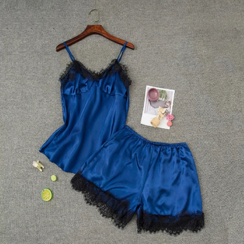 Frauen Pyjama Anzug Mode V-ausschnitt Stretch Satin Babydoll Spitze Sexy Dessous Bowknot Pyjamas Schlaf Shorts Set Nachtwäsche Neue.